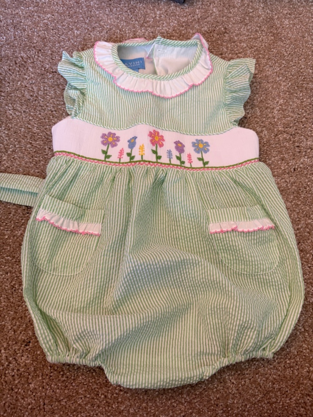 Smocked Floral Stripe Baby Bubble in Light Green by Anavini